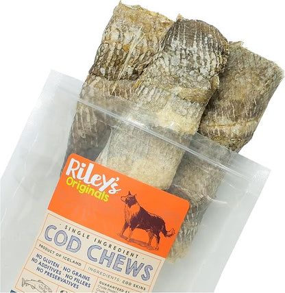 Riley's Cod Skins for Dogs - Air Dried Single Ingredient Dog Treats - Short, Hand Wrapped Cod Skin Dog Treats - Sustainably Caught in Iceland - 3 Pack 5 inch Chew Sticks