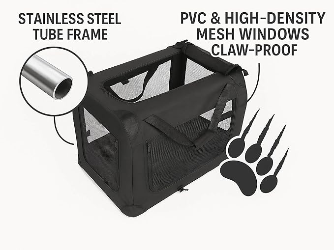 3-Door Collapsible Dog Crates for Medium Dogs, Cats, Rabbit, Foldable Soft Kennel Indoor & Outdoor with Steel Tube Frames, Portable Pet Playpen Career with Reinforced Mesh, 27x20x20 inches, Black