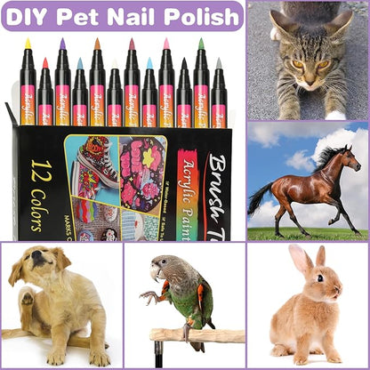 Dog Nail Polish Pens, 12 Colors Nail Polish Set Pet Pens Quick Dry, Dog Claw Care Nail Polish, Waterproof Acrylic Paint Pens for DIY Pet Nails, Odorless, Easy to Apply
