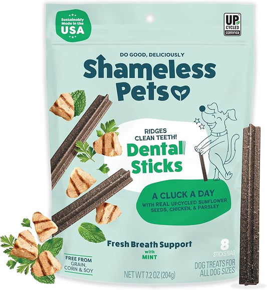 Shameless Pets Dental Treats for Dogs, A Cluck A Day - Healthy Dental Sticks with Digestive Support for Teeth Cleaning & Fresh Breath - Chews Free from Grain, Corn & Soy