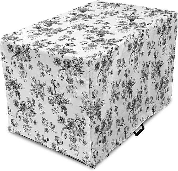 Ambesonne Black and White Dog Crate Cover, Vintage Floral Pattern Victorian Classic Royal Inspired New Modern Art, Easy to Use Pet Kennel Cover for Medium Large Dogs, 42 Inch, Black and White