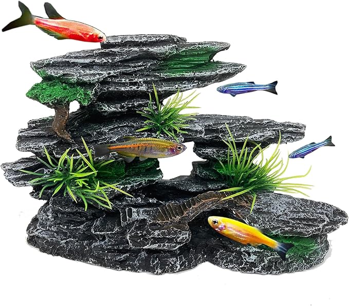 Aquarium Mountain View Stone Ornament Tree Rock Cave Aquarium Decorations for Fish Tank Decorations for Small Fish Tank - 7.5 Inches Long
