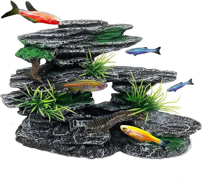 Aquarium Mountain View Stone Ornament Tree Rock Cave Aquarium Decorations for Fish Tank Decorations for Small Fish Tank - 7.5 Inches Long