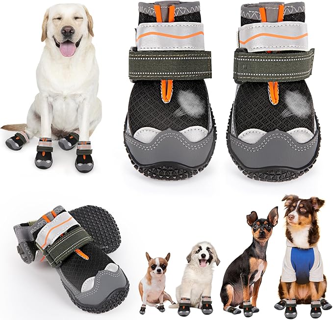 Dog Boots for Large Dogs, Medium Dog Shoes for Hot Pavement, Non- Slip, Waterproof Outdoor Dog Booties with Reflective Strap for Snowy Hardwood Floor Snow Hiking Walking, Size 6