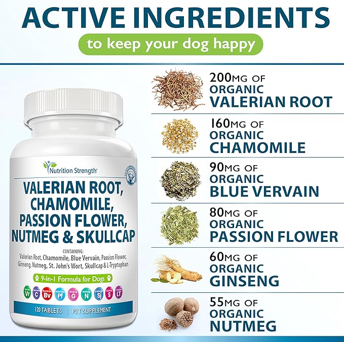 9-in-1 Valerian Root for Dogs 200mg Chamomile 160mg Blue Vervain 90mg Passion Flower 80mg Ginseng 60mg Nutmeg 55mg St John's Wort 50mg Skullcap L-Tryptophan for Dogs 120 Tablets