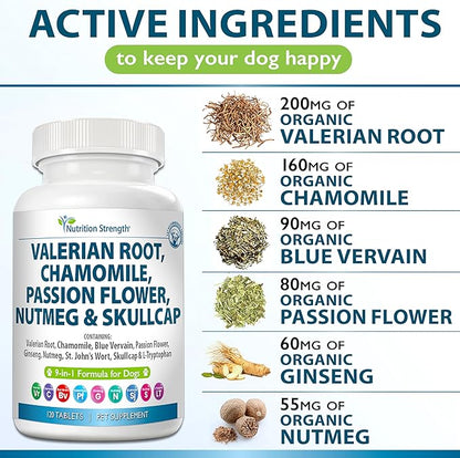 9-in-1 Valerian Root for Dogs 200mg Chamomile 160mg Blue Vervain 90mg Passion Flower 80mg Ginseng 60mg Nutmeg 55mg St John's Wort 50mg Skullcap L-Tryptophan for Dogs 120 Tablets