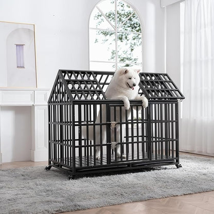 52" Metal Dog Cage with 4 Lockable Wheels, Heavy Duty Dog Kennel with Doors and Roof for Large Dogs, Black