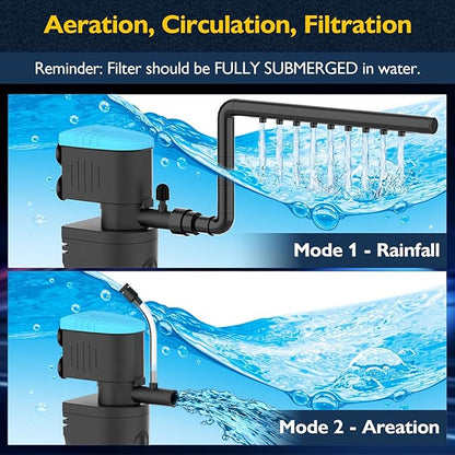 Aquarium Filter with Aeration & Rainfall Mode, U - V Fish Tank Filter with Timer (3/6/12/24 Hours) for Green Water Cleaning, Turtle Tank Filter with Efficient Filter Sponge (20-70Gal)