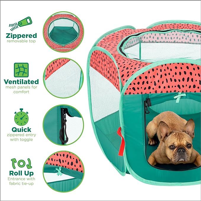 Furhaven Portable Dog Playpen Cat Tent, Pet Playground/Kennel Foldable Indoor Outdoor Zippered Puppy Crate - Green & Pink, Small