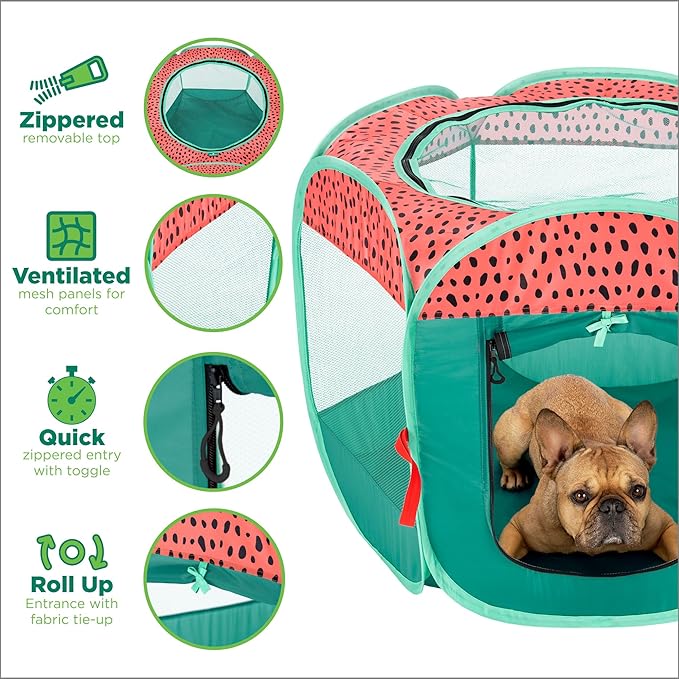 Furhaven Portable Dog Playpen Cat Tent, Pet Playground/Kennel Foldable Indoor Outdoor Zippered Puppy Crate - Green & Pink, Large