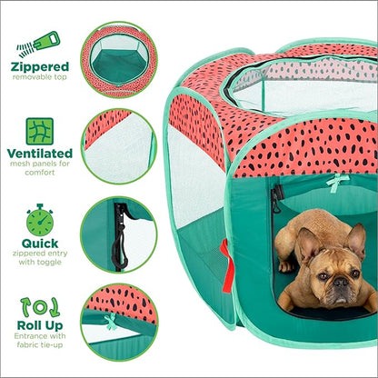 Furhaven Portable Dog Playpen Cat Tent, Pet Playground/Kennel Foldable Indoor Outdoor Zippered Puppy Crate - Green & Pink, Large