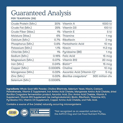 Fera Pets Goat Milk Topper - Multivitamin for Dogs & Cats with Probiotics - Supports Overall Health, Gut Health, and Immune System - for Picky Eaters - 60 TSP