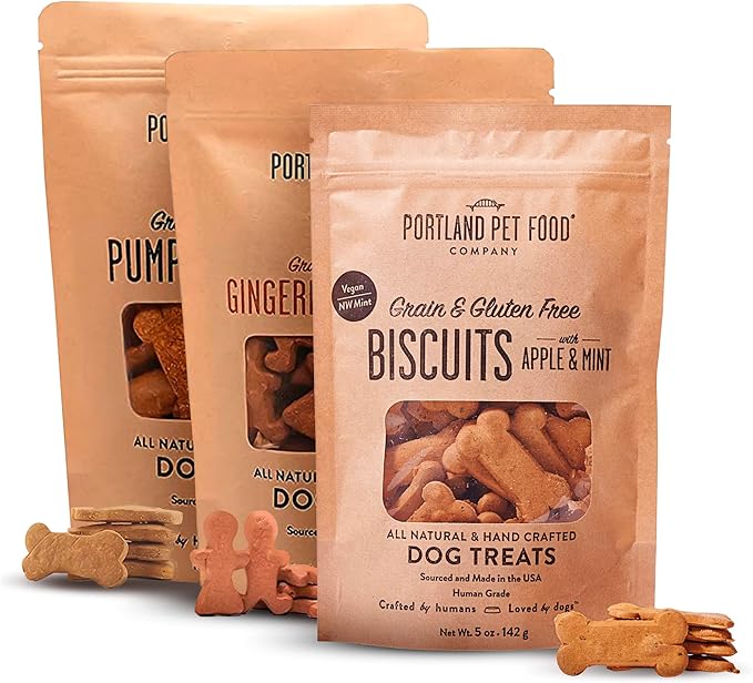Portland Pet Food Company Healthy Dog Treats Vegan Variety Pack - Grain-Free, Human-Grade, Apple, Gingerbread, Pumpkin Treats - Natural Dog Training Treats & Biscuits Made in The USA Only - 3-Pack