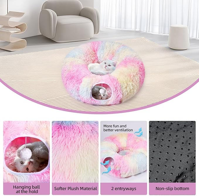 Odoland Cat Tunnel Bed with 20 Cat Toys - Indoor Plush Kitten Couch,Detachable Cats Cave Donut Tunnel & Soft Kitten Toy Set-Cozy Cat Furniture Pink