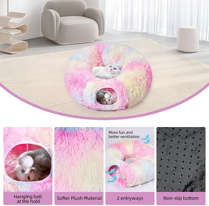 Odoland Cat Tunnel Bed with 20 Cat Toys - Indoor Plush Kitten Couch,Detachable Cats Cave Donut Tunnel & Soft Kitten Toy Set-Cozy Cat Furniture Pink