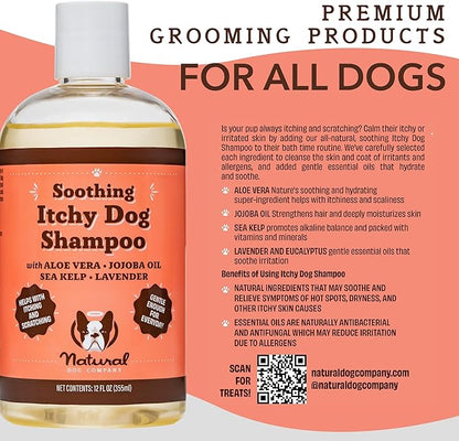 Natural Dog Company Itchy Dog Shampoo, 12 oz., Dog Dry Skin Treatment, Dog Itch Relief, Hypoallergenic, Plant Based Ingredients, Deodorizing Dog Shampoo, Relief from Skin Allergy Symptoms