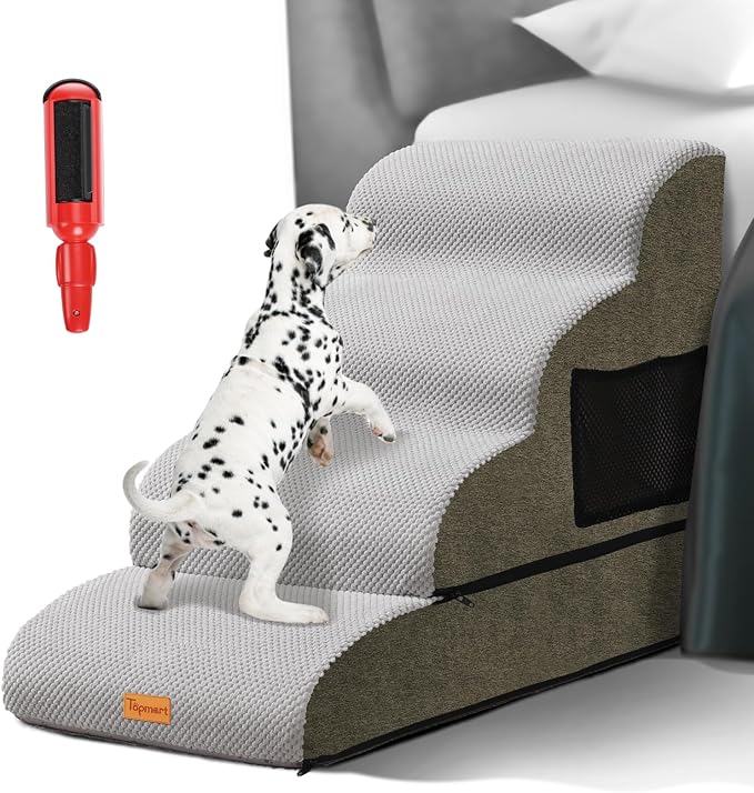 Topmart High Density Foam Dog Steps 4 Tiers,Extra Wide Deep Pet Steps,Non-Slip Pet Stairs,Dog Ramp for Bed,Soft Foam Dog Ladder,Best for Older Dogs Injured,Older Pets,Cats with Joint Pain