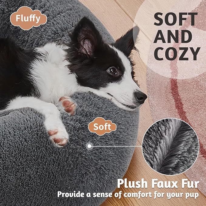OhGeni Calming Donut Dog Bed Pillow, Machine Washable Plush Waterproof Zipper Cover, Anti-Slip Round Comfort Pet Bed, Pillow Design Cozy Warming Fluffy Fur Bed for Medium Large Dogs, Gray, 36 inches