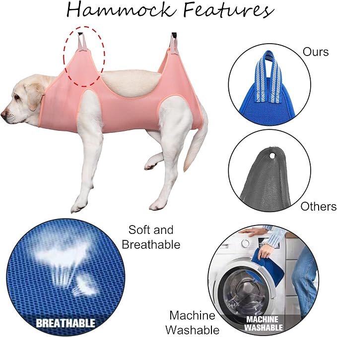 Dog Grooming Hammock | Pet Grooming Hammock Helper | Dog Grooming Harness with Nail Clippers/Nail Trimmers Nail File S-Hooks Strap Slings & Stainless-Steel Fur Comb | Size: L | Pink/Peach
