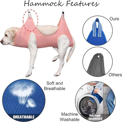 Dog Grooming Hammock | Pet Grooming Hammock Helper | Dog Grooming Harness with Nail Clippers/Nail Trimmers Nail File S-Hooks Strap Slings & Stainless-Steel Fur Comb | Size: L | Pink/Peach