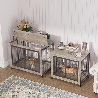 KEIKI Dog Crate Furniture, 43" Iron Dog Crate with Side Openings, Double-Door Dog House for Small/Medium/Large Dog, Grey