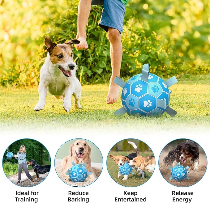 QDAN Dog Toys Balls Dog Soccer Ball with Straps, Dog Balls for Tug of War, Interactive Dog Toys, Dog Birthday Gifts, Durable Dog Water Toy for Small Medium Dogs（6 Inch）