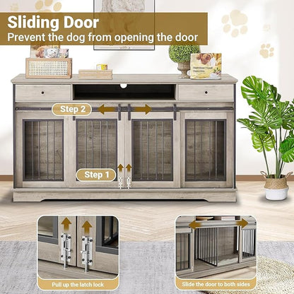 Rovibek 66 Double Dog Crate Furniture for 2 Dogs, Large Double Dog Kennel Furniture TV Stand, Furniture Style Dog Crates End Table, Wood Crates for Dogs Kennel Indoor Grey