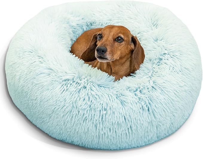 Best Friends by Sheri Original Calming Donut Dog and Cat Bed, Shag Faux Fur, Baby Blue, (23in x 23in) - Anxiety Relief for Pets Up to 25 lbs