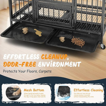 31 Inch Dog Crates for Small Medium Dogs Pets Indoor, Indestructible Enhanced Cage Kennel with 3 Doors, Wheels and Removable Tray, Heavy Duty Escape Proof Carrier, 31 x 21 x 29 Inch