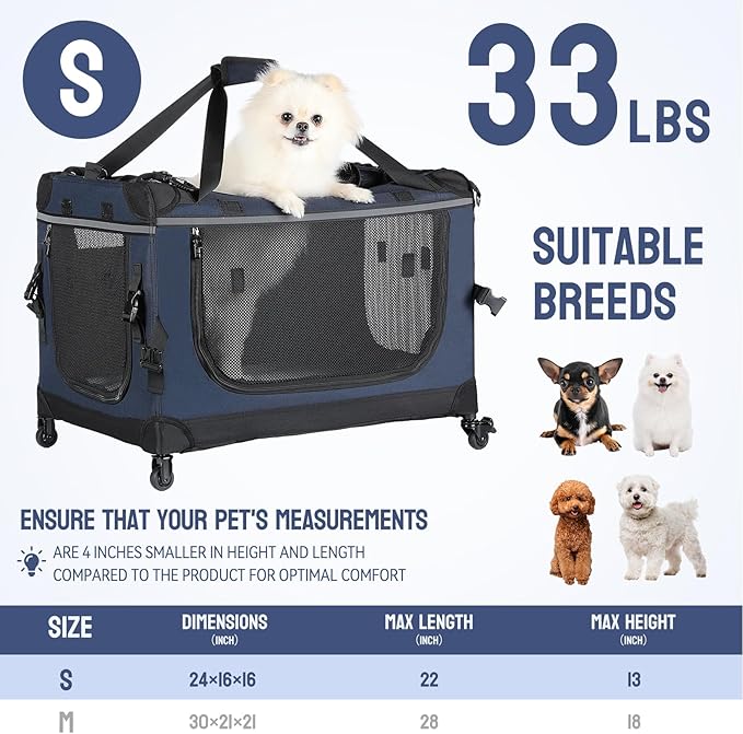 24IN Soft Collapsible Dog Crate w Detachable Wheels, Rolling Travel Dog Crate for Small Breed Dogs, Portable Dog Kennel with Mesh Windows, Indoor & Outdoor Uses