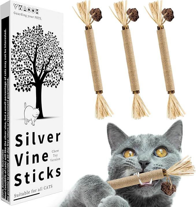 3 Pack Silvervine Sticks Cat Toys, 100% Natural Kitten Teething Chew Toys, Catnip Toys for Kittens & Cats, Cat Approved Gift, Protects Furniture
