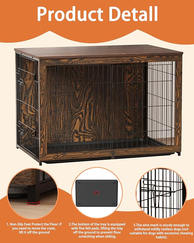 Megidok Wooden Dog Crate Furniture with Cushion, Dog Crate End Table with Tray, Double Doors Dog Crate(*L:43.1" L*28.6" W*30.3" H, Rustic Style)