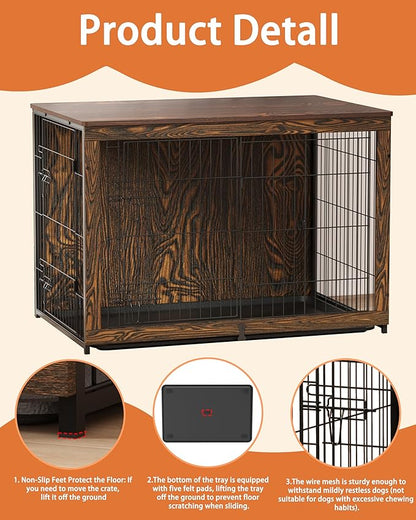 Megidok Wooden Dog Crate Furniture with Cushion, Dog Crate End Table with Tray, Double Doors Dog Crate(*L:43.1" L*28.6" W*30.3" H, Rustic Style)