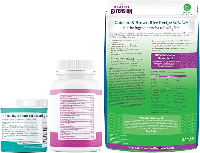 Health Extension Dog Health and Nutrition Bundle - Multivitamin (30 Tablets), Little Bites Dry Dog Food Chicken & Brown Rice Recipe (4 Lbs), Joint & Hip Supplement Cheese Flavored Powder (16oz)