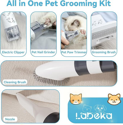 6-in-1 Pet Grooming Kit with Vacuum Brush | Low Noise Deshedding Tool, Dog Hair Clippers & Scissors | Shedding Control for Dogs Cats Clean up