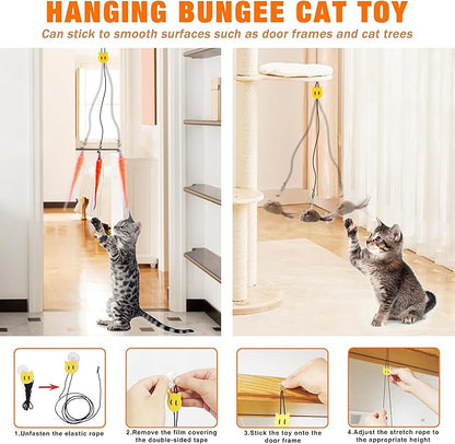 JXFUKAL Interactive cat Toy, Automatic Cat Wand Toy with Stable Wooden Base, 2 PCS Detachable Cat Teaser, 5PCS Refills Replacement & Hanging Elastic String, Kitty Kitten Toys Feather Spring Bird Toy