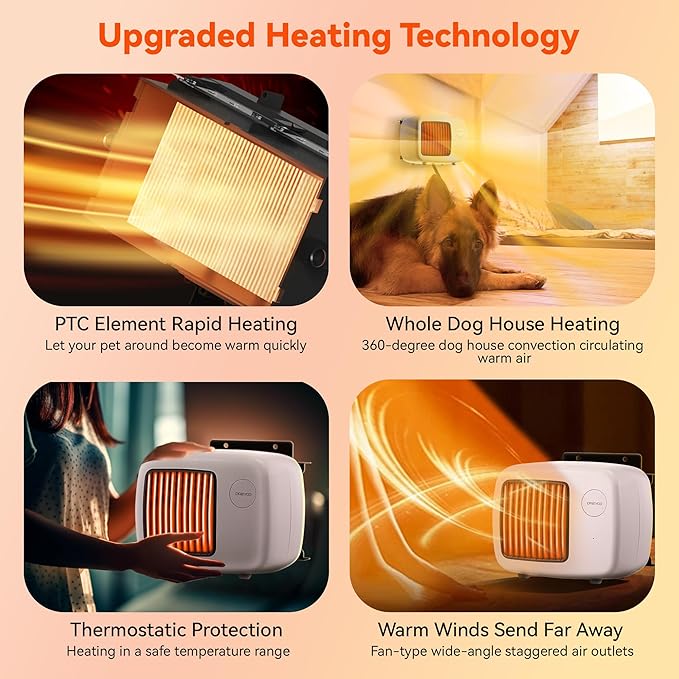 Dreyoo Dog House Heater with Thermostat, Pet House Heater with 6FT Anti Chew Cord and Safe Overheat Protection, 2 Heating Mode (200/400W) Pet House Furnace for Dogs Chicken Coops Rabbits(White,1 Pcs)