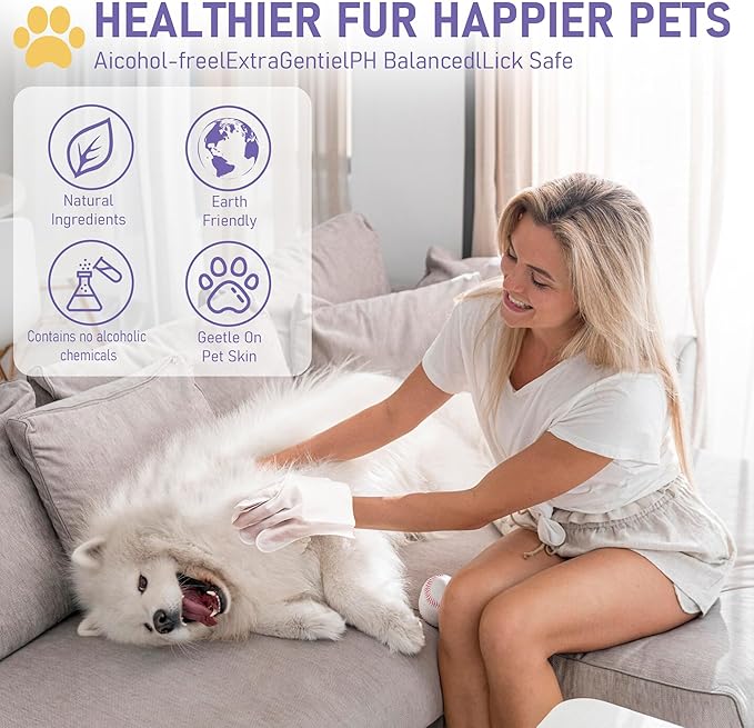 Pet Cleaning Glove Bathing Wipes for Dogs and Cats, Hypoallergenic Deodorizing No-Rinse Grooming Wipes for Paws, Body, and Butt, Perfect for Cat Dry Cleaning, Daily Care and Travel, Lavender, 8 Pcs