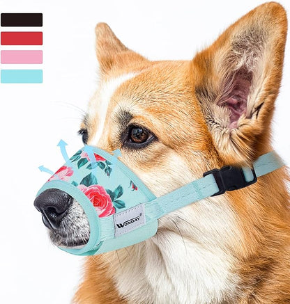 Dog Muzzle for Small Dogs, Small Dog Muzzle, Small Dog Muzzles for Biting Barking Chewing, Soft Nylon Print Muzzle for Small Dogs, Breathable Muzzles for Small Dog Puppy Cyan Flower XS