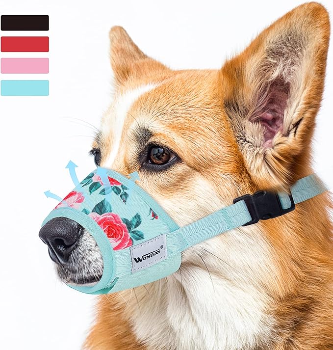 Dog Muzzle for Small Dogs, Small Dog Muzzle, Small Dog Muzzles for Biting Barking Chewing, Soft Nylon Print Muzzle for Small Dogs, Breathable Muzzles for Small Dog Puppy Cyan Flower S