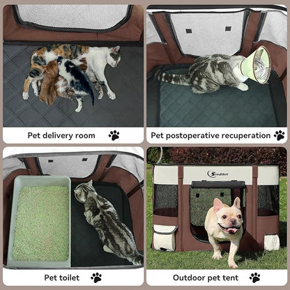 Dog Cat Playpen28/31/35in, Pet Puppy Portable Playpens for Outdoor Travel Crate, Indoor After Surgery Use, Foldable Dog Kennel Tent for Rabbit or Small Animals and Tent Stakes(Brown, Medium)