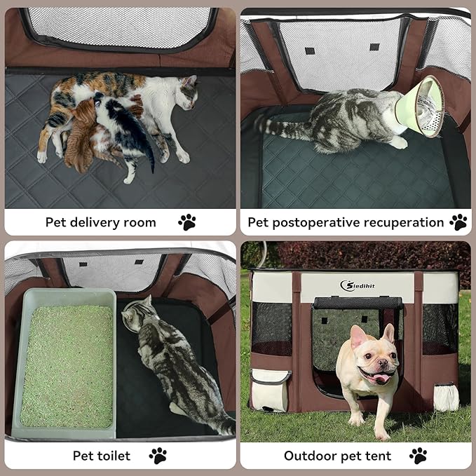 Dog Cat Playpen28/31/35in, Pet Puppy Portable Playpens for Outdoor Travel Crate, Indoor After Surgery Use, Foldable Dog Kennel Tent for Rabbit or Small Animals and Tent Stakes (Brown, Large)