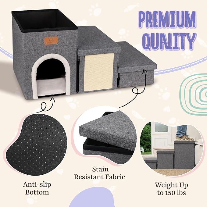 downluxe Dog Stairs for Small Dogs, Foldable Dog Steps for Bed, Sofa and Chair, Non-Slip Pet Steps with Cat Scratcher and Condo (3-Step Pet Stairs, Dark Grey)