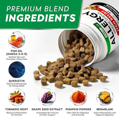 STRELLALAB Dog Allergy Relief & Anti Itch Support Chews w/Omega 3: Real Ingredients, Real Taste! Skin & Coat Immune Supplement w/Fish Oil, Pumpkin & Enzymes — BBQ Chicken - 180Ct
