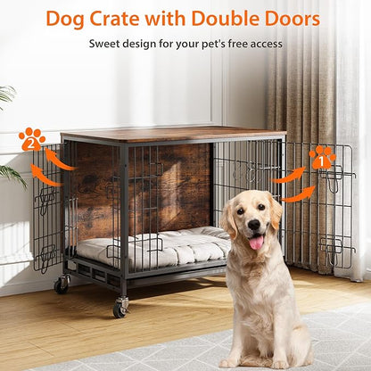 2024 Dog Crate Furniture, 38.6" Double-Doors Dogs Kennel Indoor with Removable Tray and Wheels, Wooden Dog Crates for Large Dogs, Large Dog Crate, Decorative Dog Cage End Table, Rustic Brown