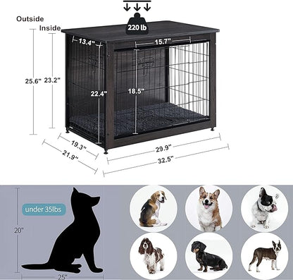 DWANTON Dog Crate Furniture with Cushion, Medium Wooden Dog Crate with Double Doors, Dog Furniture, Indoor Dog Kennel, End Table, Medium, 32.5" L, Dark Grey