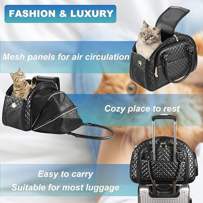 Dog Purse Carrier for Small Dogs, 2-Side Expandable Small Dog Carrier, Holds Up to 10lbs PU leather Pet Carrier, Cat Carrier, Airline Approved Puppy Purse Carrier for Travel (Black, Small Size)