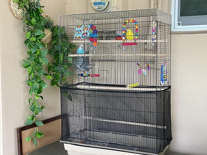 ISMARTEN Bird Cage Seed Catcher Mesh Skirt Cover, Black, Foldable, 59-98 in Circumference, 13 in Height, Prevent Scatter and Mess