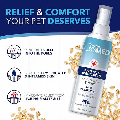 TropiClean Oxymed Cat & Dog Medicated Shampoo for Itchy Skin and Oxymed Medicated Itch Relief Spray Set, Skin Soothing Oatmeal Shampoo for Dogs & Cats | Set of 2