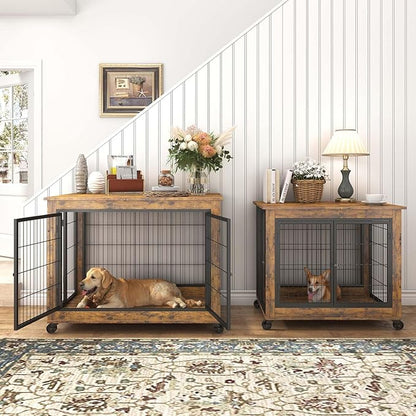 Dog Crate Furniture Dog Kennel for Home Indoor Use Furniture Dog Crate with Double Doors for Medium Large Dog 38.58" W x 25.2" D x 27.17" H Rustic Brown